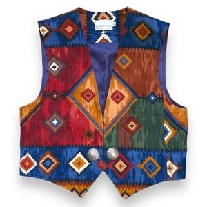 Vintage 90s Coldwater Creek Southwestern Tapestry Vest Concho Buttons Medium